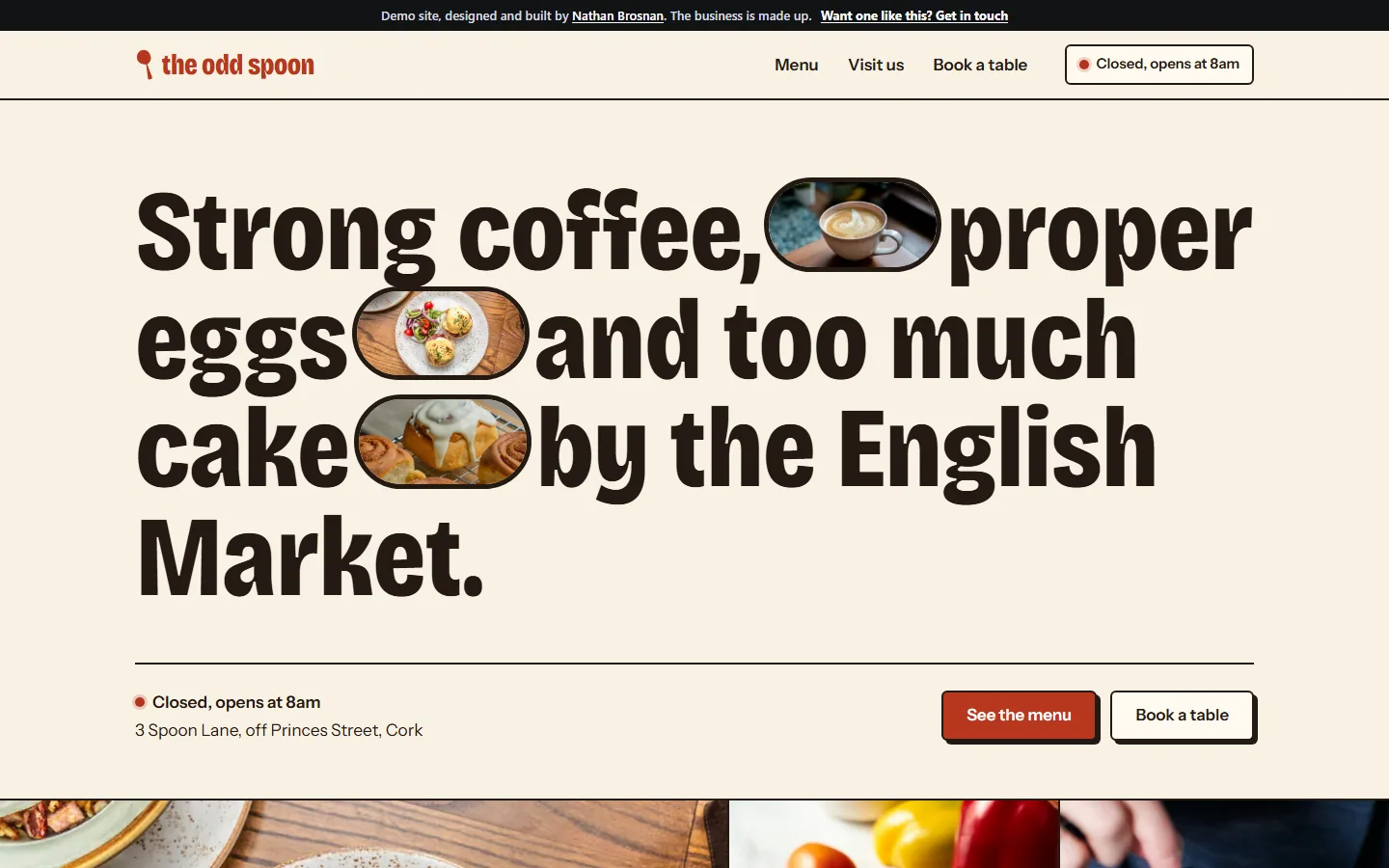 The Odd Spoon home page: a big headline with small photos of coffee, eggs and a cinnamon bun set into the words.