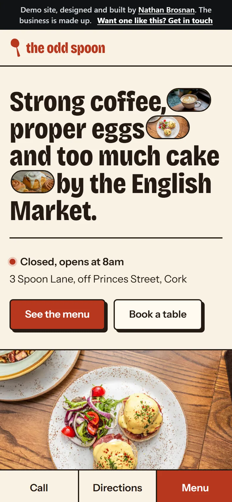 The home page on a phone, with Call, Directions and Menu at the bottom.