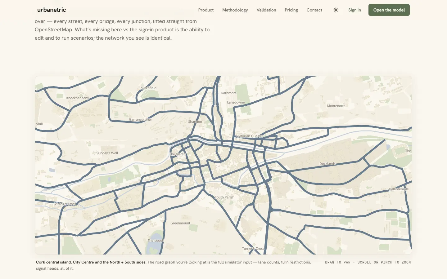 The public demo: a map of Cork city centre with the simulator’s road network drawn over it.