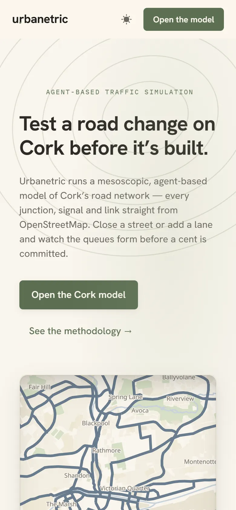 The Urbanetric landing page on a phone.